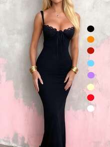 Vestido de tirantes con abertura y parches de encaje elegante de WOWDARK para mujer, silueta ajustada, adecuado para Navidad, otoño