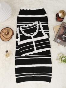 Apperloth A Bộ đồ hai mảnh phong cách Bohemian gợi cảm: Áo croptop hai dây dệt kim kẻ sọc tương phản cài cúc phía trước và chân váy maxi xếp ly ren móc, trang phục che chắn khi đi biển, đồ mặc đi nghỉ mát màu đen. - màu đen - Xem 4