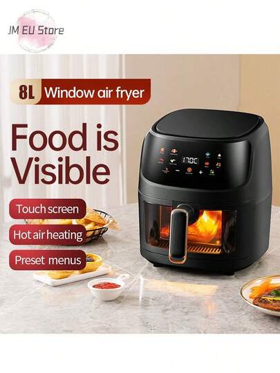 Heißluftfritteuse, 8 l große ölfreie elektrische Fritteuse mit großem Fassungsvermögen, Touchscreen-Display, mit transparentem Glasfenster, geeignet zum Brotbacken, Grillen und Dörren oder Aufwärmen, für die Familie