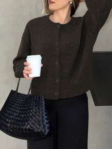 Knit Mix 优雅女士法式宽松针织开衫，适合圣诞节、感恩节、新年等场合；时尚长袖圆领毛衣，休闲纯色外套，秋冬季穿着。 - 黑棕色 - 查看 7