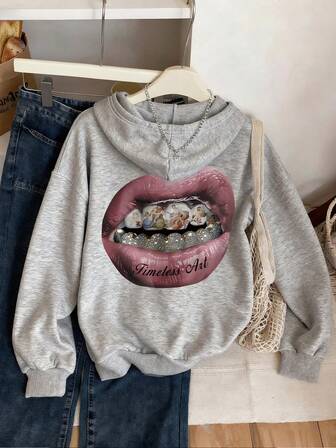 Teen Girl Fashion Street Style Lips Print Oversized Loose Long-Sleeved Hooded Sweatshirt, Suitable For Daily Wear, Party, School, Attending Music Festivals, Vacation, Commuting.
