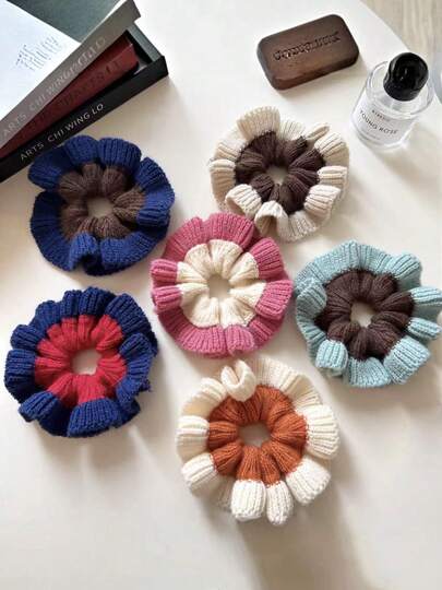 1pc Korean Style Colorblock Knitted Scrunchie, Slouchy Bun Hair Accessory, Autumn/Winter Fuzzy Pleated Hair Tie ,Ponytail Holders ,Hair Elastics ,Hair Rubber Bands ,Hair Rope