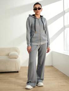 Conjunto de sudadera con capucha y cremallera para mujer - Tela suave y transpirable, diseño con detalles en negro y oro, pantalones de pierna ancha, estilo casual y moderno, ideal para múltiples ocasiones. - flor gris - Ver 5