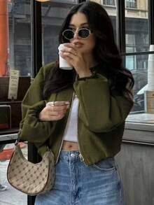 GMFP 女款夏秋休閒優雅時尚寬鬆軍綠色拉鍊短版羊毛夾克外套 六月節慶假期季節 - 軍綠色 - 查看 5