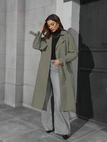 女士长款轻薄风衣，配腰带 - 时尚百搭的通勤外套，适合春秋季穿着，休闲时尚的外衣 - 綠色 - 查看 4