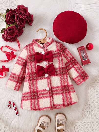 Baby Girls' Cute & Elegant Plaid Red Collared Long Sleeve Bowknot Button Front Mid-Length Coat With Matching Solid Beret Hat, Suitable For Christmas, Holiday Parties, Celebrations, And Everyday Wear, Autumn/Winter
