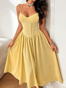 WOWDARK Women's Elegant Minimalist Belted Slip Dress, A-Line Silhouette, Autumn - Yellow - View 2