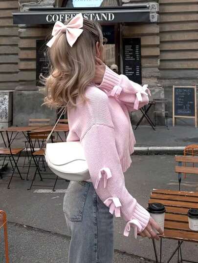 Joy Knit Petite Women's Autumn/Winter New Knitted Top - Casual Minimalist Sweet Versatile All-Match Tops - Bowknot Sleeve Short Loose Crew Neck Knit Sweater Pullover - Office Outfits For Women - Going Out Tops - Travel Outfit Airport