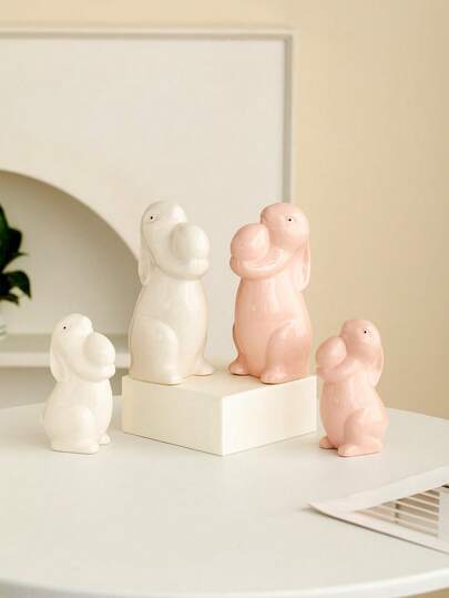 Figura de cerámica minimalista y moderna de un conejito - Lindo ornamento de cerámica de conejo blanco y rosa, ideal para decoración del hogar, centro de mesa, boda, fiesta, festival y regalo festivo