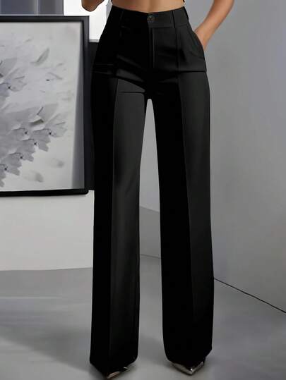 Solid Color Button Pocket Zipper Elegant Versatile Suit Pants, Suitable For Commuting
