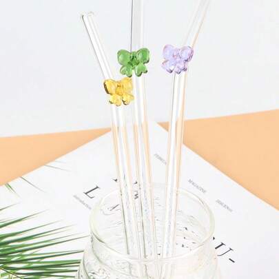 10pcs/20pcs Colorful Butterfly Decorated Heat-Resistant Glass Straws, Glass Straws With Butterfly Decor Design, Reusable Butterfly Glass Straws, Suitable For Bubble Tea/Juice/Cold Drinks Party/Cocktails, Straw School Supplies, Christmas, Valentine's Day