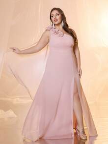 UNITHORSE Vestido con cintura ceñida, falda acampanada y abertura, decoración floral 3D lujosa, sin mangas y asimétrico, elegante - Rosa - Ver 5