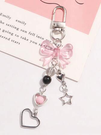 Neue süße asiatische Stil Schlüsselanhänger Anhänger kreative Handykette Kurze Kette Liebe Pentagramm Accessoires Taschendekoration, süßes Mädchen Herz Silber Stern Schleife Handykette einfach vielseitig Anhänger, Damengeschenk, neue exquisite Schlüsselanhänger süße Taschenzubehör-Anhänger