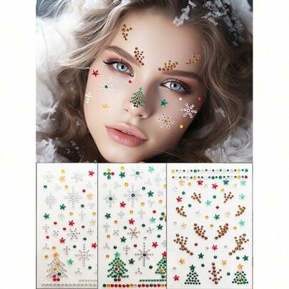 1 件圣诞雪花、圣诞树形状、多色星形 3D 水钻贴纸、彩色人造水晶和身体首饰、DIY 节日 Y2K 妆容、狂欢节、化妆球脸部闪亮眼饰