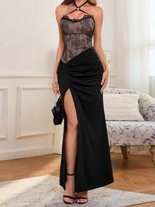 Damen Schwarzes Sexy Neckholder-Spitzenkleid mit Schlitz, Herbst Schulanfang, Party, Urlaub - Schwarz - Übersicht 14
