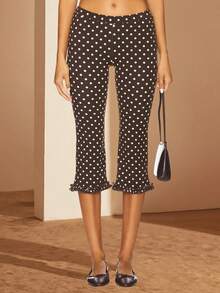 Women Capri Pants, Elastic Waist 3/4 Length Pants Solid/Dots Cropped Pants for Casual Daily - Caqui - Ver 5