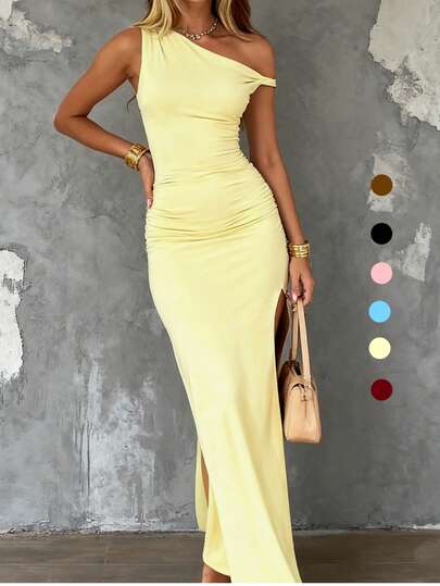 WOWDARK Women's Autumn Sexy Asymmetrical Shoulder Fitted Slit Dress