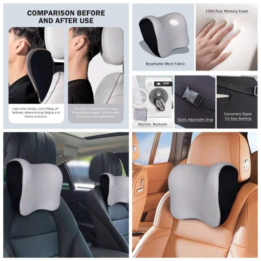 Almohada ultra suave para reposacabezas de coche, almohada de coche para conducir con correa ajustable, cojn de cuello espuma viscoelstica, funda extrable transpirable y diseo ergonmico, - Modelo-una vez - Ver 1