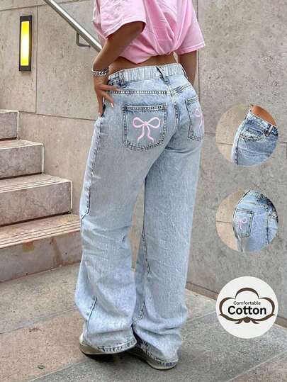 Tween Girls' Oversized Casual Comfortable Butterfly Embroidered Straight Leg Wide Leg Jeans