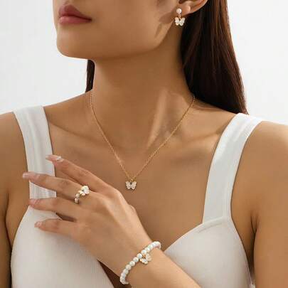 1 pieza Juego de joyas de lujo con circonita cúbica, elegante collar, aretes y anillo combinado para mujeres, regalo perfecto para el Día de San Valentín, Navidad, cumpleaños, Año Nuevo