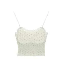 Áo croptop chấm bi có đệm ngực cổ chữ V, áo tank top hai dây kiểu vintage dành cho nữ, phong cách thường ngày mùa hè. - Màu be - Xem 3