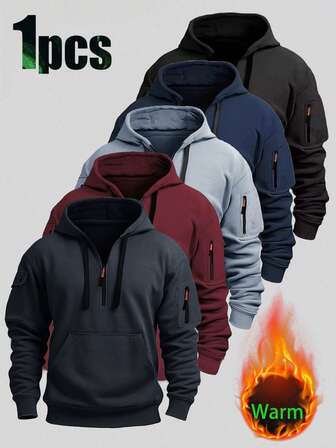 男士休闲连帽套头卫衣，带保暖内衬，简约风格，适合户外活动，秋冬季穿着