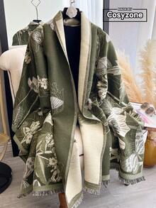 1pc Elegant Floral & Plant Pattern Jacquard Faux Cashmere Warm Scarf/Wrap, Versatile For Women, Suitable For Autumn/Winter, Daily Matching And Decoration - Olive Green - View 1