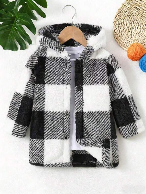 Dziewczęcy, czarno-biały, puszysty, długi płaszcz w kratę, dziewczęcy, zimowa, ciepła kurtka z kapturem, jednorzędowy, swobodny płaszcz z długim rękawem