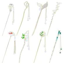 MX  8 Pieces Vintage Retro Asian Chinese Hanfu Gold Metal Hair Sticks Pins With Pearl Pendants Bamboo Leaf Flower Fishtail Hair Chopsticks Forks Bun Updo Holders Long Hairpins For Women Girls - 8件套F - 查看 2