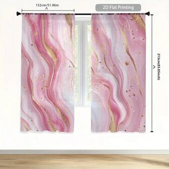 2pcs Polyester Digital Marble Pattern Semi-Sheer Curtains, Suitable For Bedroom, Living Room, Office And Home Decor, Rod Pocket Design For Curtain Rod