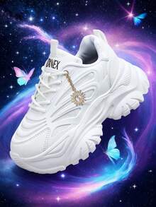 Sporty Front Chunky Sneakers For Women,Colorblock Round Toe Leather Lace-Up Shoes Women Lightweight Breathable Sneakers Women Shoes Anti-Slip Wear-Resistant Outdoor Sports Tennis Shoes Platform Shoes For Women,Comfortable Casual Women Shoes - White - View 17