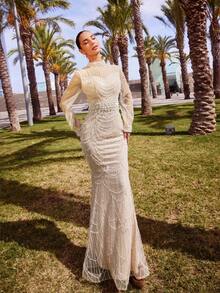 Faeriesty Haute Glamour Luxury Sequin Mermaid Evening Gown With Sheer Long-Sleeve Top & Cascading Pearl & Crystal Embellishments - Beaded Waist & High Neckline Design For Galas, Destination Weddings, Met Gala, & High-End Parties