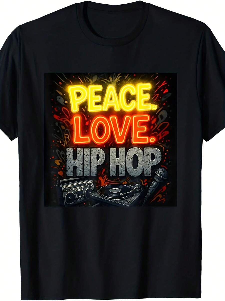 Peace Love Hip Hop Retro Hip-Hop Music Boombox Turntable T-Shirt - 款式17 - 查看 1