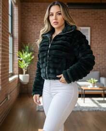 CHAMARRA  TORERA A LA CINTURA CON CIERRE PARA MUJER INVIERNO JUVENIL CALIENTITA - Negro - Ver 1