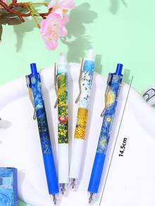 4pcs Van Gogh Starry Sky Retractable Ballpoint Pens, Quick-Drying Ink, Painting Style, Metal Body, For Students, Exams, Office, Signing - Black - View 4
