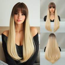 28Inch Extra Long Straight Blonde Roots Wigs For Women Elegant Nature Looking Wigs With Full Bangs,High Density Fluffy Synthetic Heat Resistant Fiber Hair,For Beginners Glueless Daliy Party Use - 漸變金色 - 查看 11