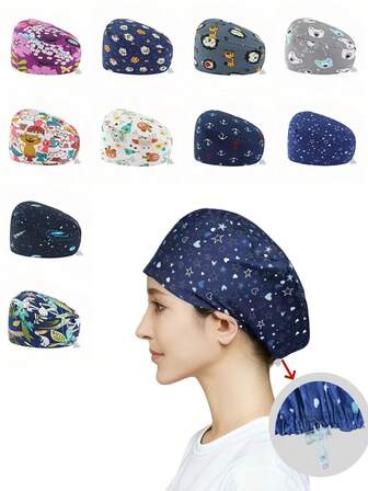 1pc Women's Cartoon Animal & Floral Print Work Cap/Nurse Cap, Adjustable Strap, Suitable For Medical Workers Such As Doctors, Nurses, Beauty Salons, Dental Clinics, Veterinary Hospitals