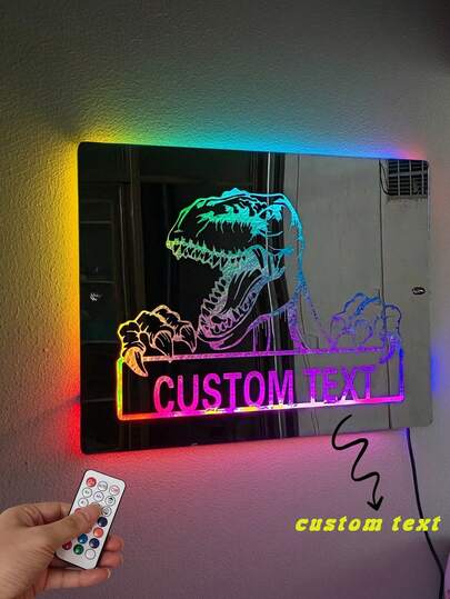 1-Piece LED Customized Mirror, Bright Billboard With Custom Name, Dinosaur LED Light, Dinosaur Mirror, Ideal Gift For Children, Practical And Personalized, Customized Mirror Light For Walls, Customized Mirror Light For Bedroom Wall Decoration, Bedside Lamp, Birthday Gift, Home Decoration, Birthday Gift, Party Gift, Housewarming Gift