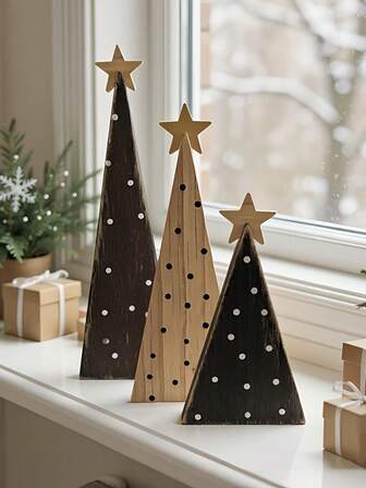 3 kolorowe drewniane stożkowe elementy dekoracyjne z wzorem gwiazdek i kropek na górze, prosta i ciepła dekoracja na biurko i stół, odpowiednie do salonu, sypialni, stołu kominkowego, dekoracji biurka, wystroju domu, pokoju, prezentu