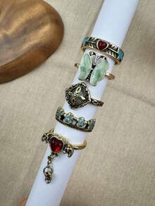 5 件套复古蝴蝶、魔鬼、心形仿宝石戒指套装，简约百搭高端时尚配饰，女士节日礼物珠宝 - 彩色 - 查看 12