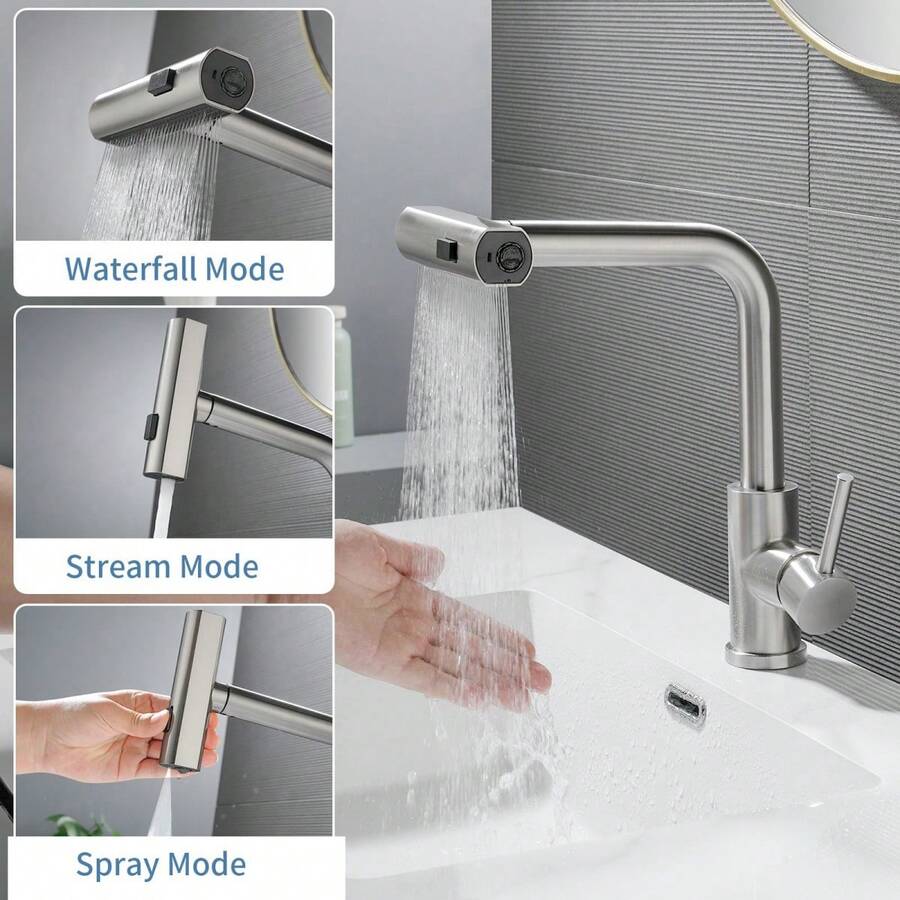 360° 旋转三合一不锈钢厨房水龙头，带触摸控制 - 瀑布、喷雾和水流模式，适用于蔬菜清洗、水果清洗和饮用水安全，镀铬表面，水果清洗水龙头 | 现代厨房水龙头 | 不锈钢水龙头 - 彩色 - 查看 1