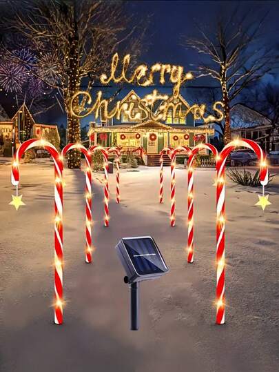 10-In-1 Solar Powered Christmas Candy Cane Lights - 5/8/10 Pcs Set, 8 Flashing Modes, Holiday Red & White Striped Design, Auto Charging Under Sunlight, Auto Lighting At Night, Warm White LED Outdoor Decor, Outdoor Holiday Decoration, Christmas Ground Lights, Star-Shaped Design, Ideal For Holiday Gifts, Holiday Decor, Outdoor Lighting