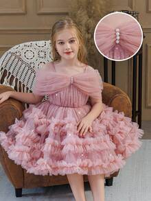 女童亮片装饰网纱露肩吊带裙，优雅圣诞派对蛋糕裙，公主裙，适合女孩生日派对、舞会、婚礼花童、复活节、毕业典礼等场合 - 粉色 - 查看 5
