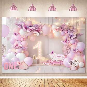 1pc Girl 1st Birthday Backdrop Purple Pink Princess Balloons Lights Butterfly First Bday Photography Background Birthday Party Decorations Photo Booth Studio Prop