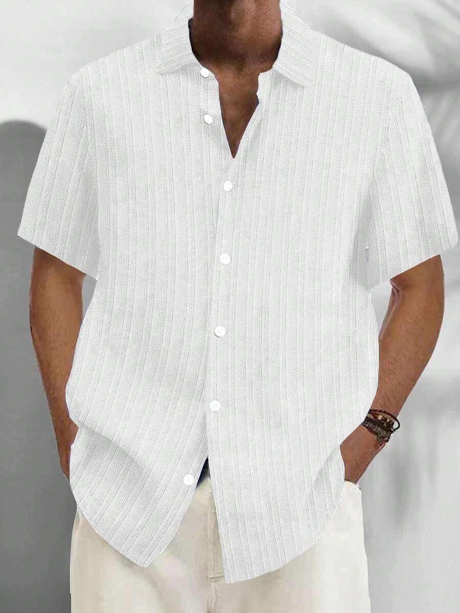 Plus Size Men's Casual Basic Ribbed Lightweight Breathable Fabric Button-Down Short Sleeve Polo Shirt - White - View 1