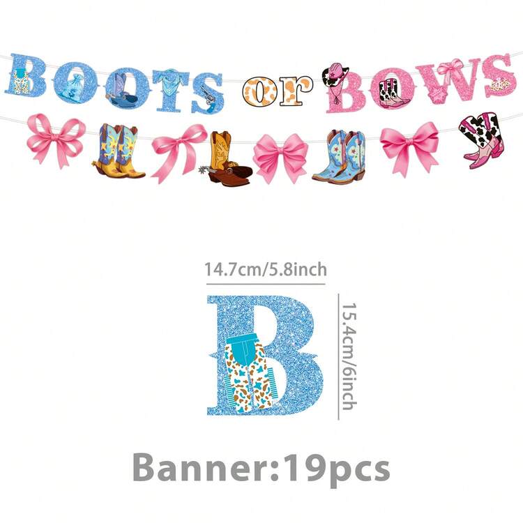Boots Bow Gender Reveal Decoration - Boots Or Bow Gender Reveal Party Supplies: Sparkling Letter Banner Banner For Western Party Cowboys Decoration - Multicolor - View 8