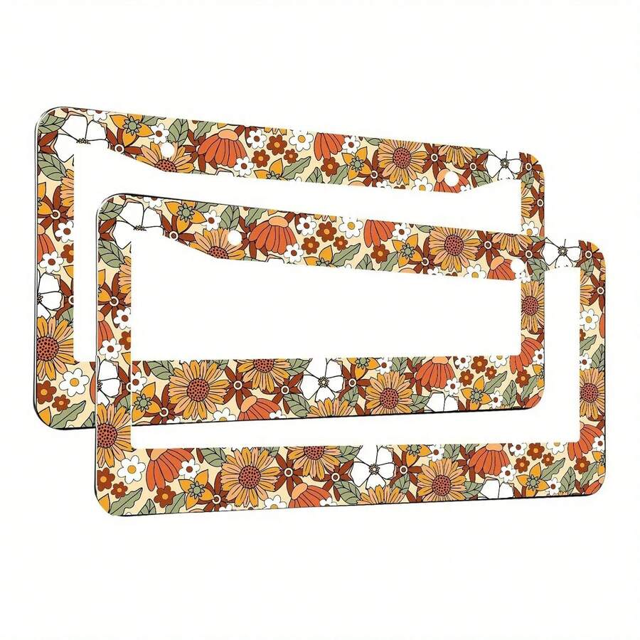 1pcs Retro Sunflower And Wild Flowers License Plate Frame For Women, Vintage Artistic Floral Flower Car Decorative Tag Frames Girly, Brown Floral Plant Theme License Plate Cover Holder For Vehicle - 12.2x6.3英寸 - 查看 1