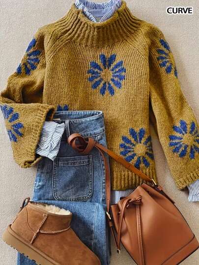 Autumn And Winter Plus Size Fashion Casual Comfortable Warm Apricot Flower Pattern Knit High Neck Long Sleeve Loose Sweater Pullover