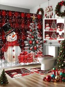 4 pezzi Set di decorazioni natalizie invernali: Tenda da doccia lavabile con motivo pupazzo di neve e albero, include 12 ganci, copriwater a forma di U antiscivolo e tappetino da bagno, adatto per decorazioni natalizie per casa e bagno, regalo