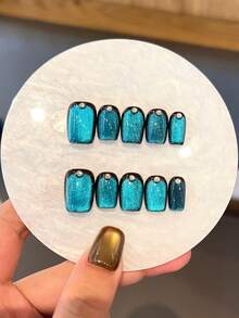 10PCS Handmade False Nails With Huge Starry Sky Cat Eyes, Small Broken Diamonds, And A Metallic Texture. Pressing Nails Are Suitable For Women And Girls In Daily Life, Parties, Dances, And As Gifts For Friends. Short Fake Nails Are Simple, Cute, And Versatile, With Jelly Glue And Rubbing Strips As Gifts - Blue - View 5